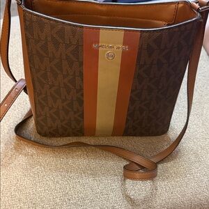 Michael Kors Brown Crossbody with Brown and Cream Center Stripe
